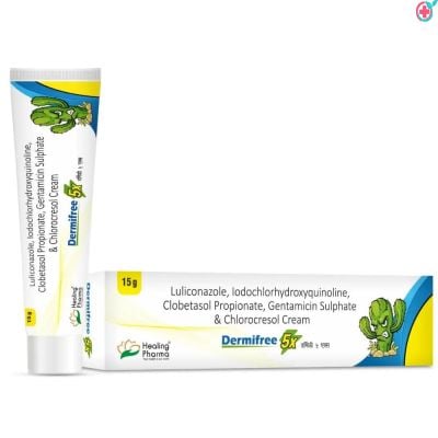 Dermifree 5X Cream (Luliconazole 1.0% w/w + Iodochlorhydroxyquinoline 1.0% w/w + Clobetasol Propionate 0.05 % w/w + Gentamicin 0.10% w/w + Chlorocresol 0.10% w/w Cream)